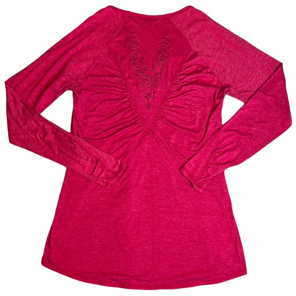 Athleta Top Embroidered Long Sleeve T-shirt Rouched Detail Heathered Dark Pink - Picture 4 of 11